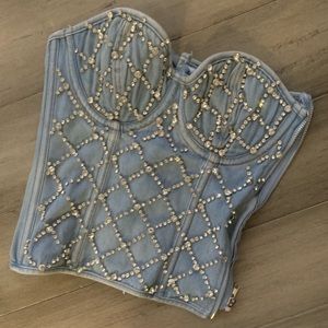 Akira CAMMIE RHINESTONE DENIM CORSET In Light Blue Denim